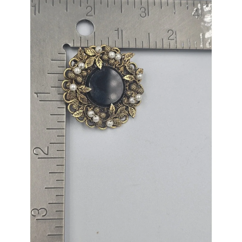Vintage Gold Tone Filigree Black Cabochon Faux Pearl Mourning Brooch Pin Pendant